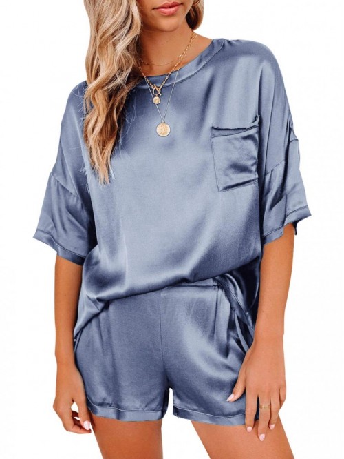 Women's Satin Silky Pajama Set Short Sleeve T-shir...