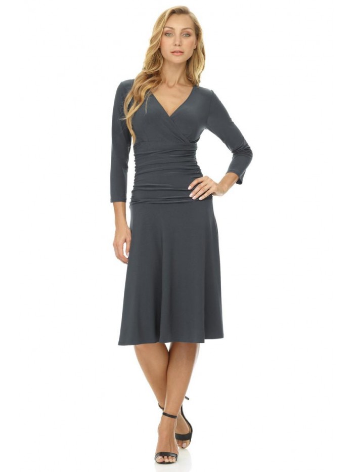 Women's Slimming 3/4 Sleeve Fit-and-Flare Crossover Tummy Control Dress 