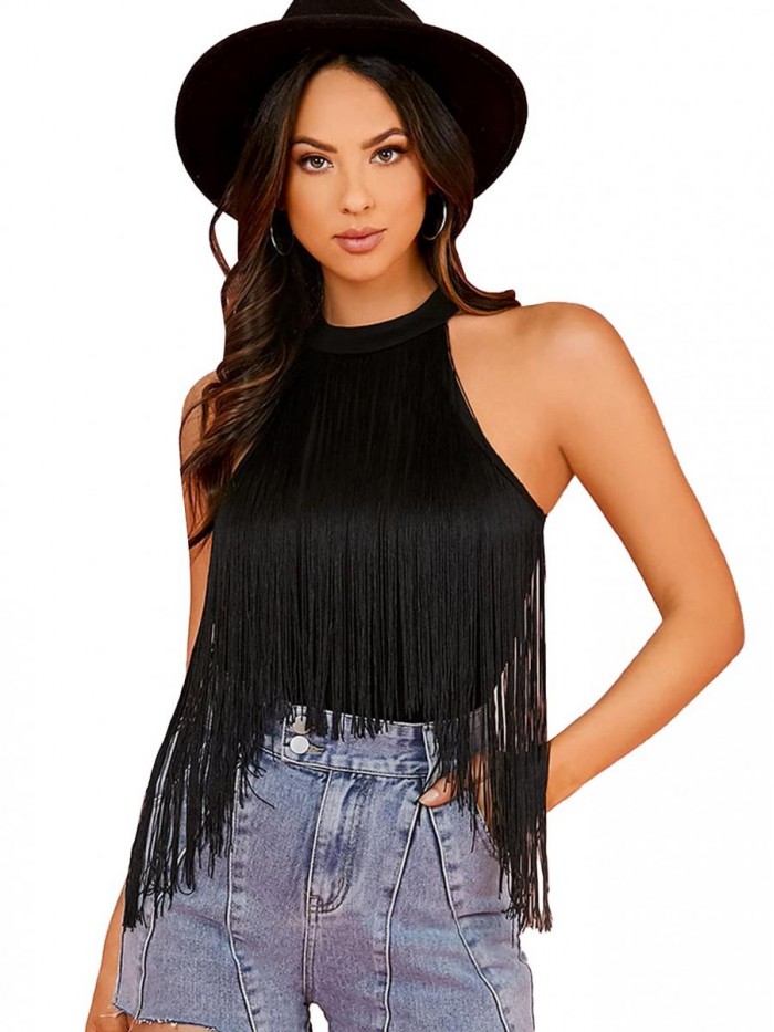 Verdusa Women's Fringe Trim Sleeveless Bodycon Halter Bodysuit Top